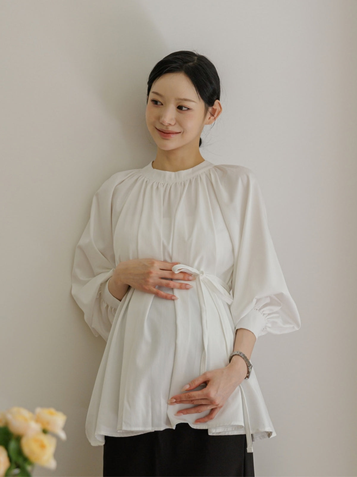 孕婦褶皺收腰長版襯衫