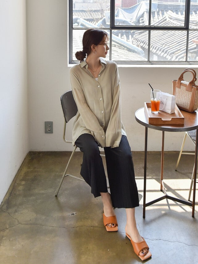 Solid Pleated Stretched Wide-Leg Pants