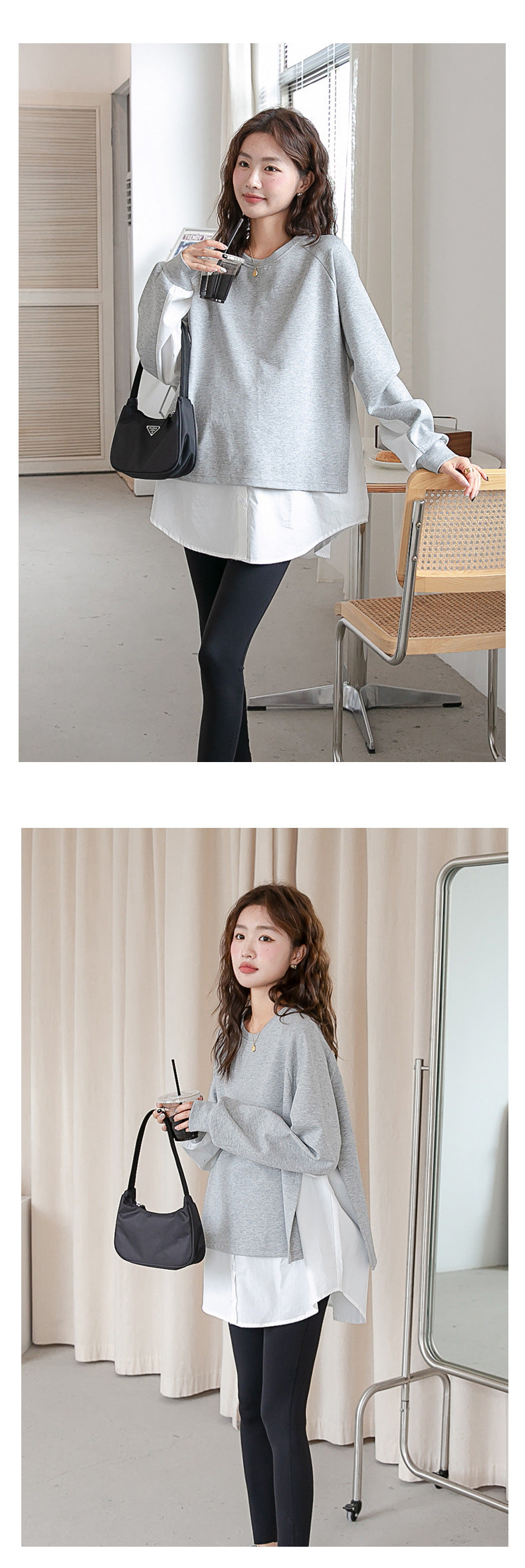 Layered-Look Loose Shoulder Slope Drop Sweatshirt