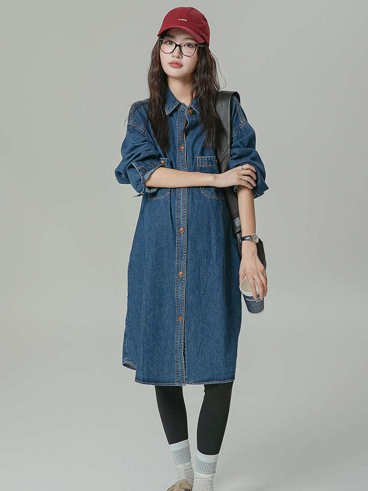 Lapel Oversized Long-Sleeved Denim Dress