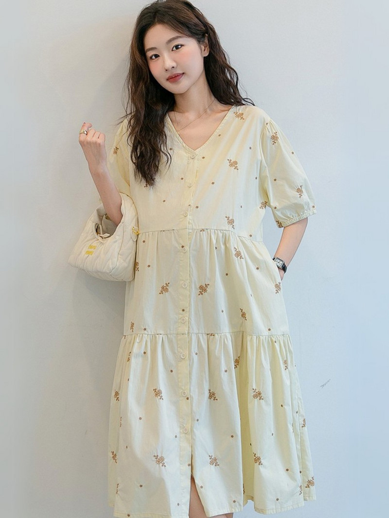 V-Neck Embroidered Layer Tiered Dress