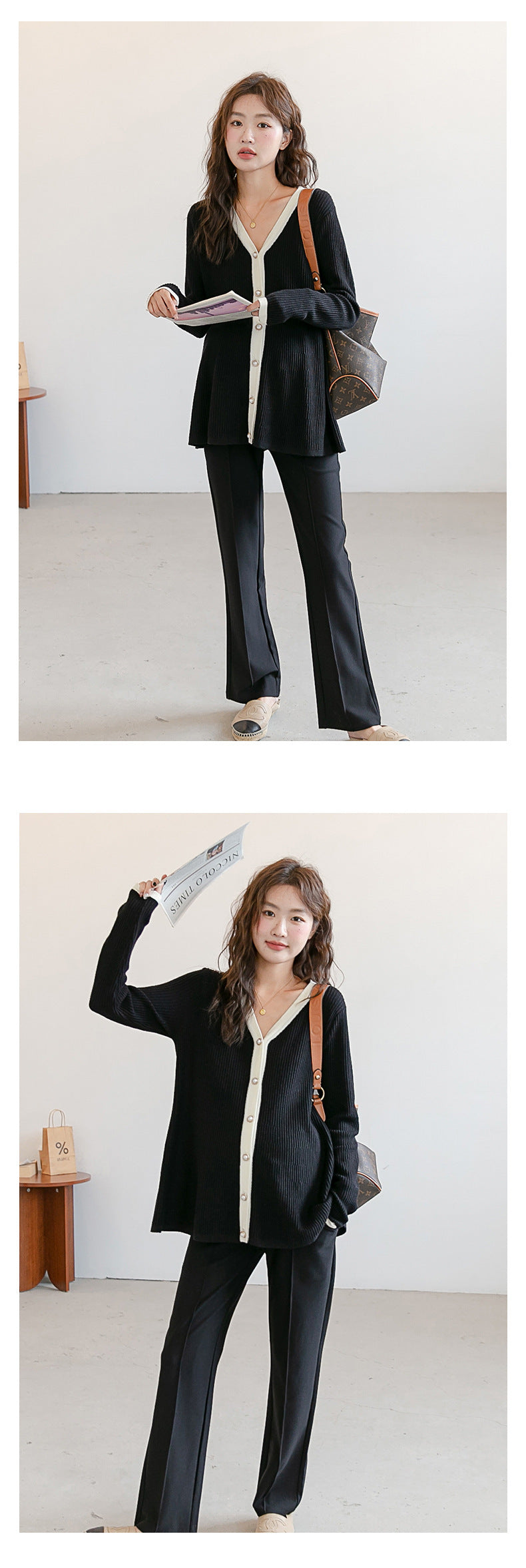 V-Neck Color Matching Ribbed Knit Coat