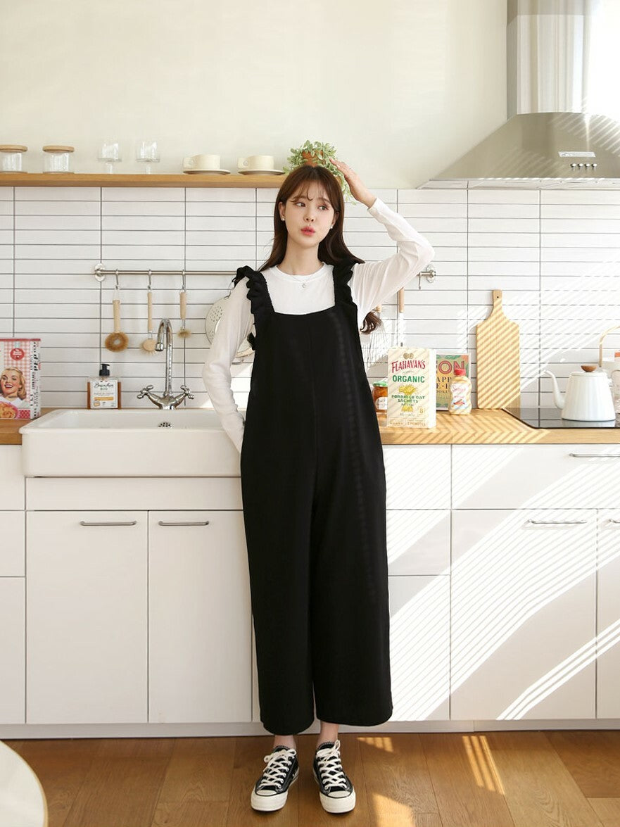 Frilled-Strap Wide-Leg Overall Pants