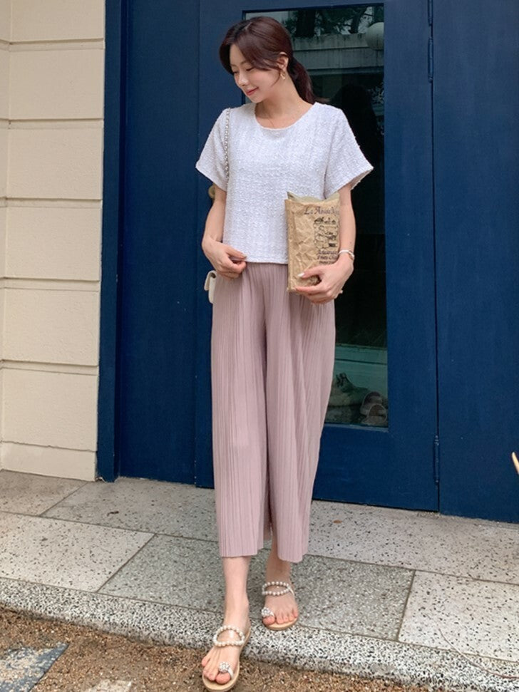 Solid Pleated Stretched Wide-Leg Pants