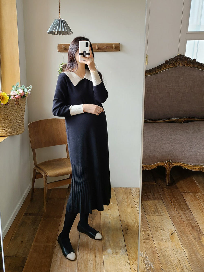 Color Block Lapel Pleated Hem Knitted Dress