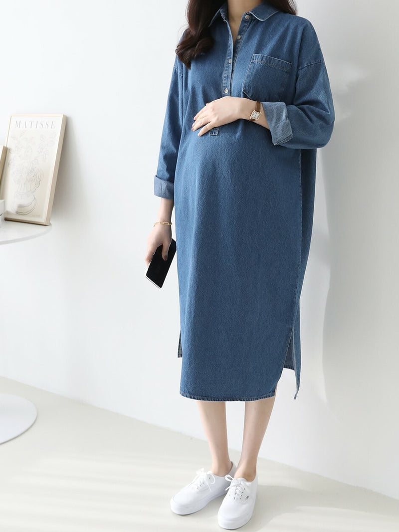 Lapel Oversized Long-Sleeved Denim Dress