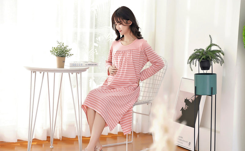 Japanese-Style Striped Nursing Long Dress