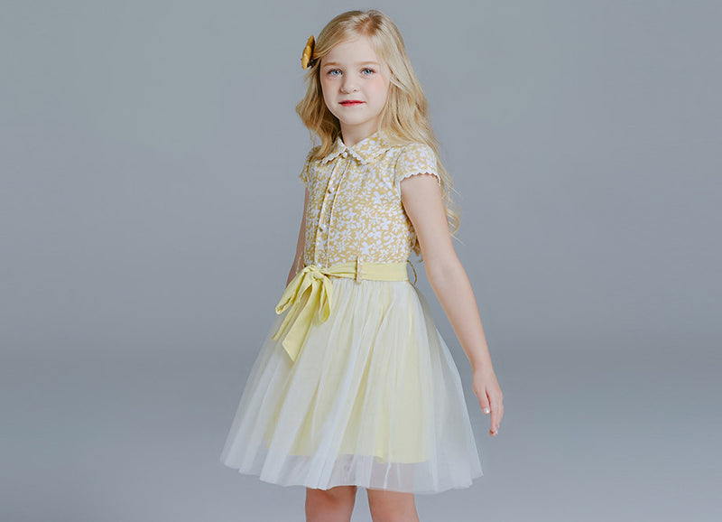 KDX1011 Yellow Flower Pearl Button Dress (Size:100-140)