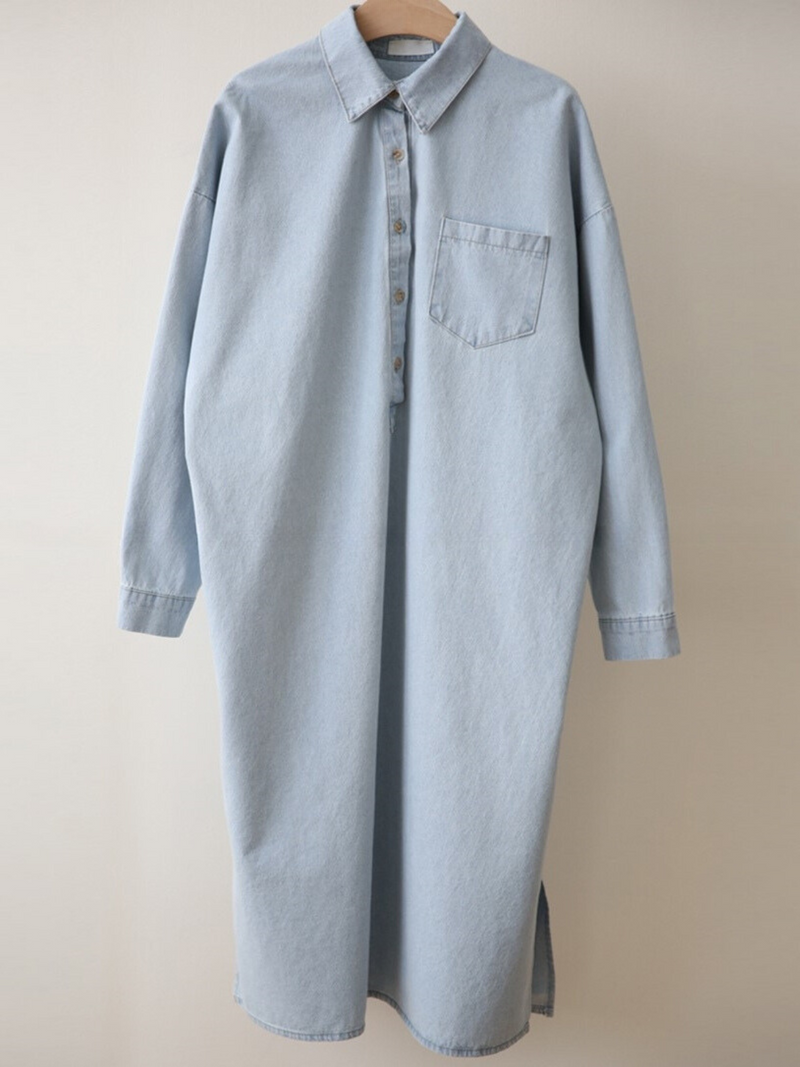 Lapel Oversized Long-Sleeved Denim Dress