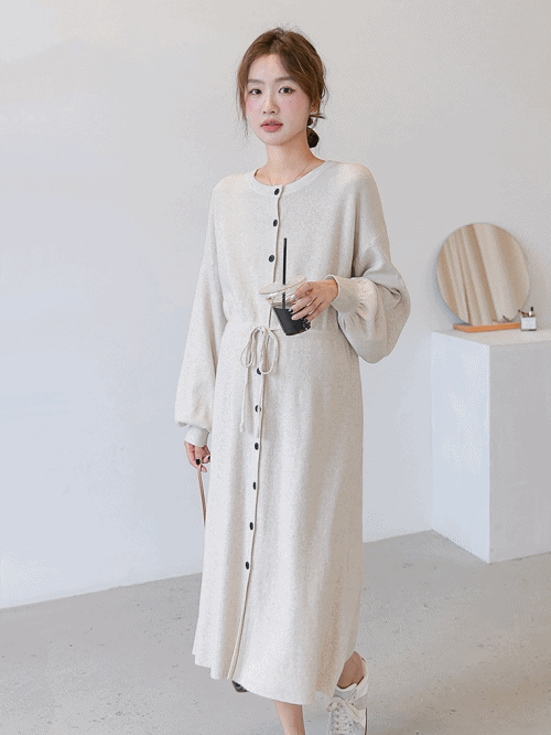 Knitted Crew-Neck Drawstring Dress