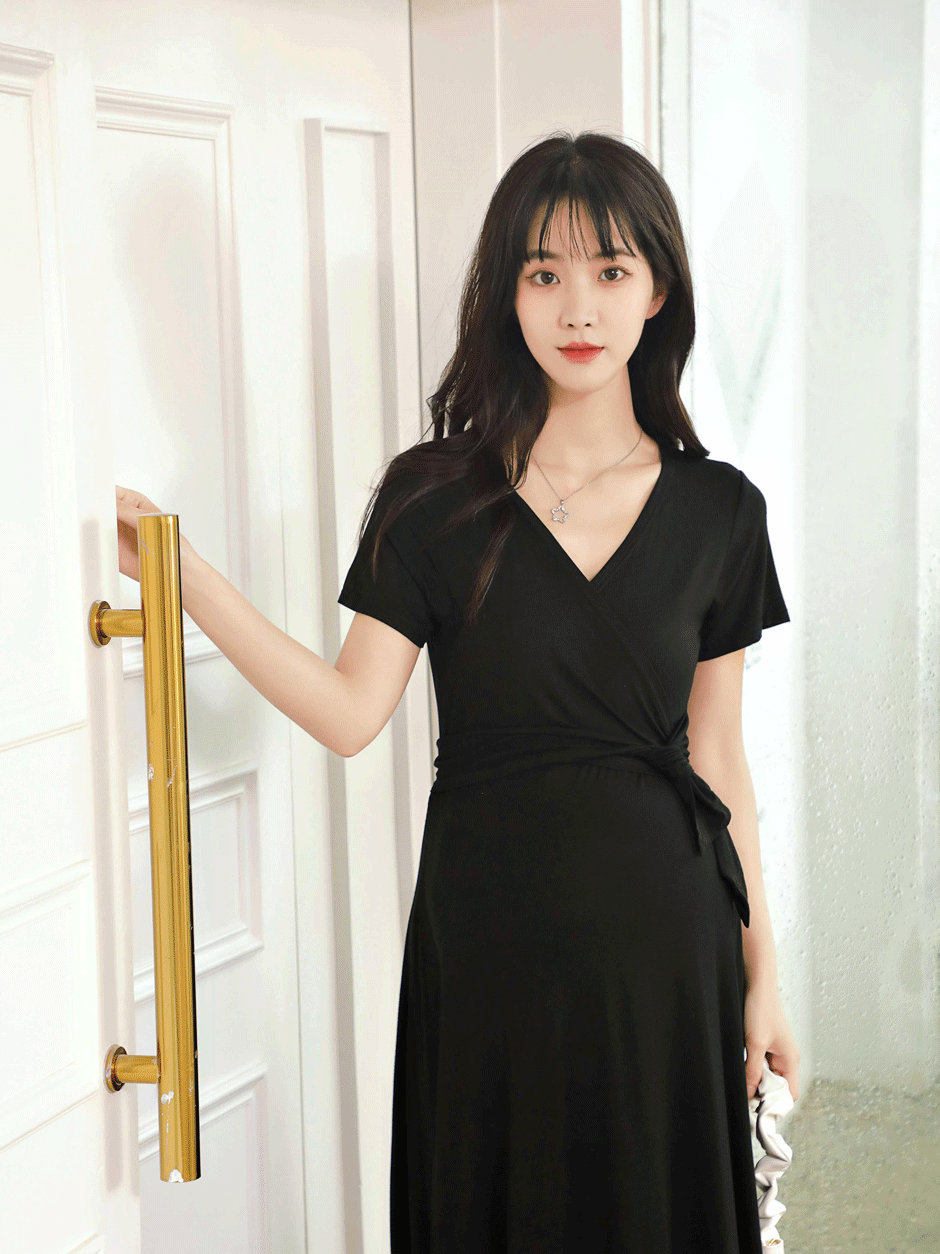 V領交叉綁帶哺乳長裙