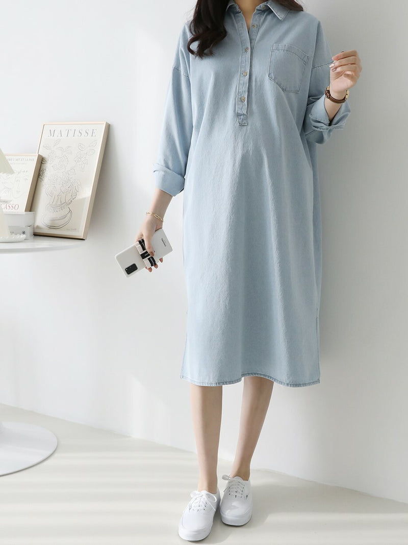 Lapel Oversized Long-Sleeved Denim Dress