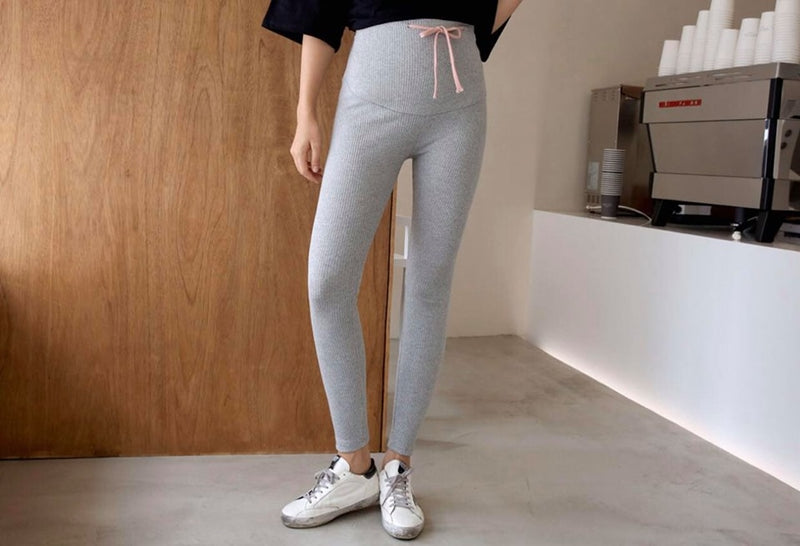 Rib Color Matching Yoga Waist Support Leggings with Drawstrings
