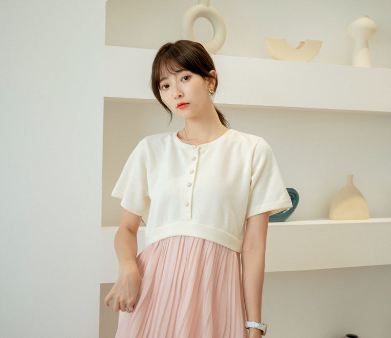 Elegant Pleated Pearl Button Dress
