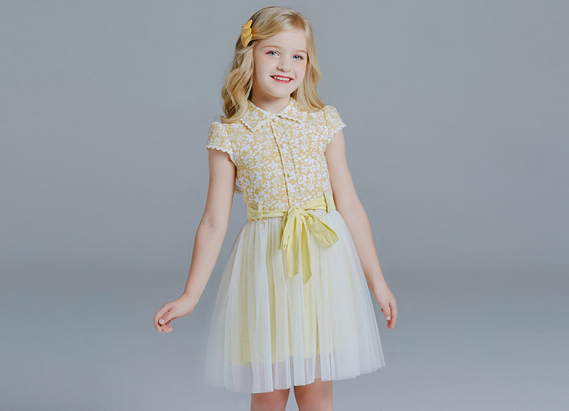 KDX1011 Yellow Flower Pearl Button Dress (Size:100-140)