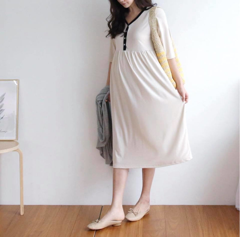 Soft Cotton Color Matching Buttoned Nursing Dress