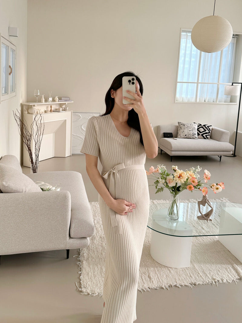 V Neck Ribbed Cooling Knit Dress