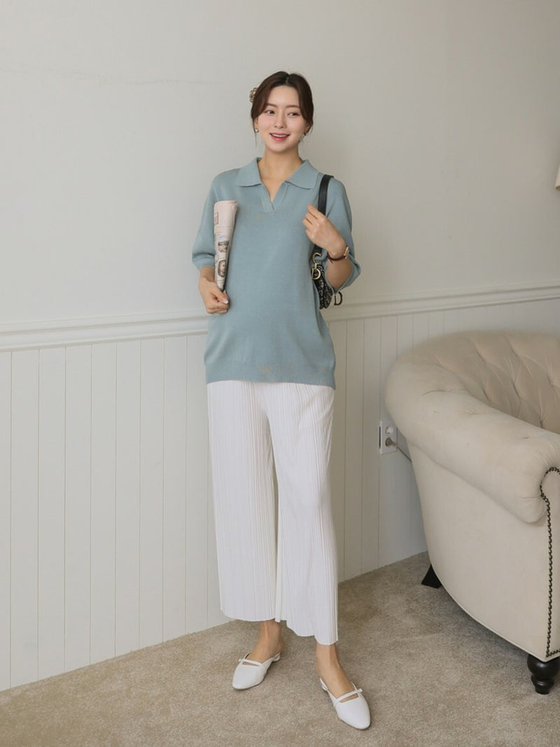 Solid Pleated Stretched Wide-Leg Pants