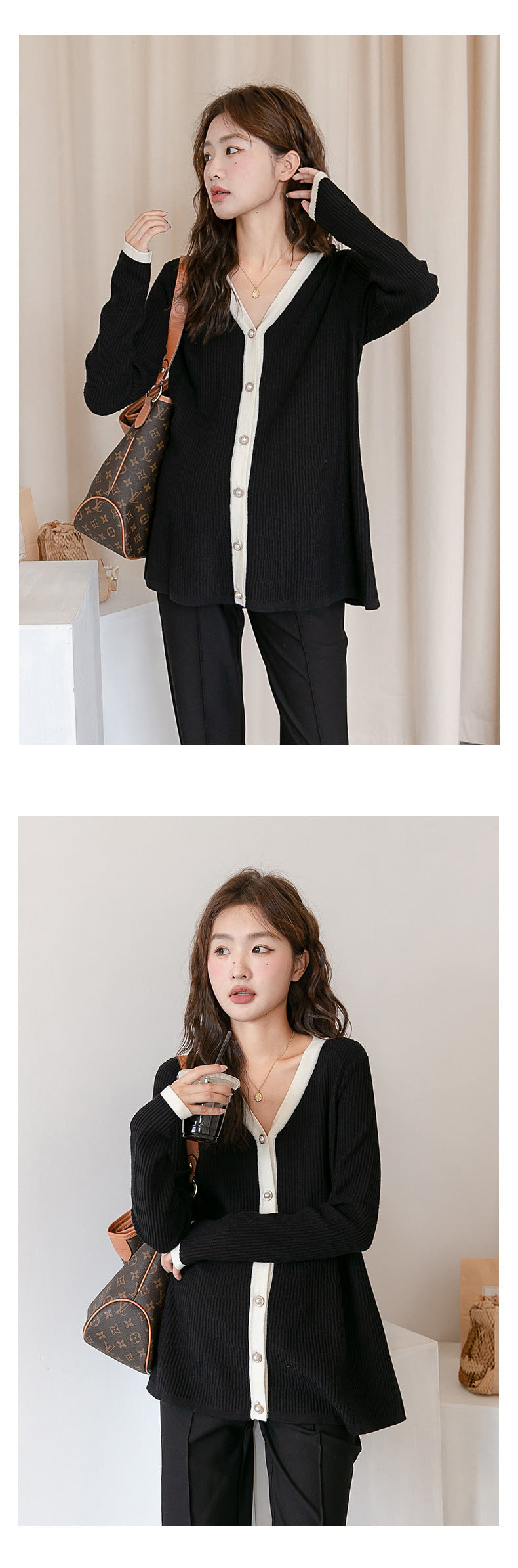 V-Neck Color Matching Ribbed Knit Coat