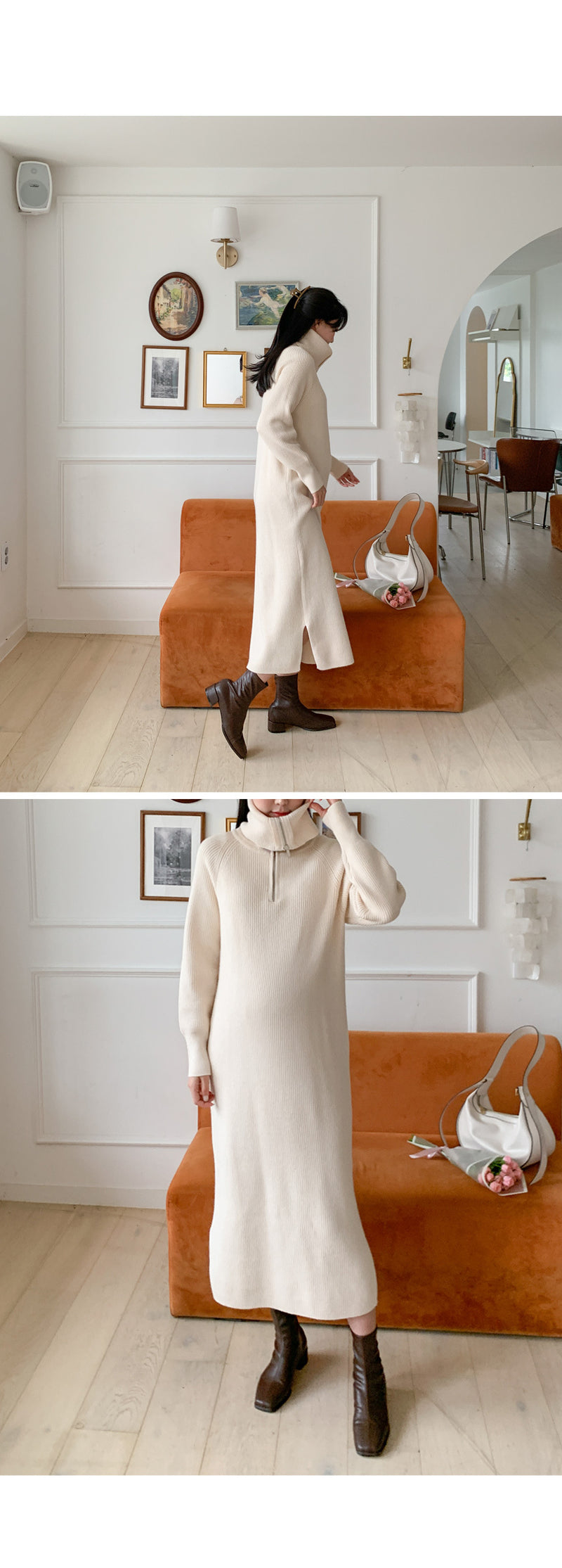 Thick Knitted Ribbing Zip Up Dress