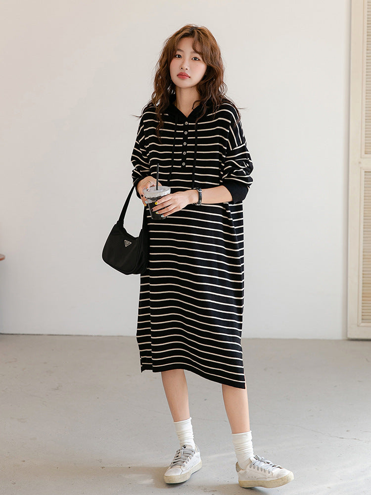 Hooded Knit Striped Midi Dress
