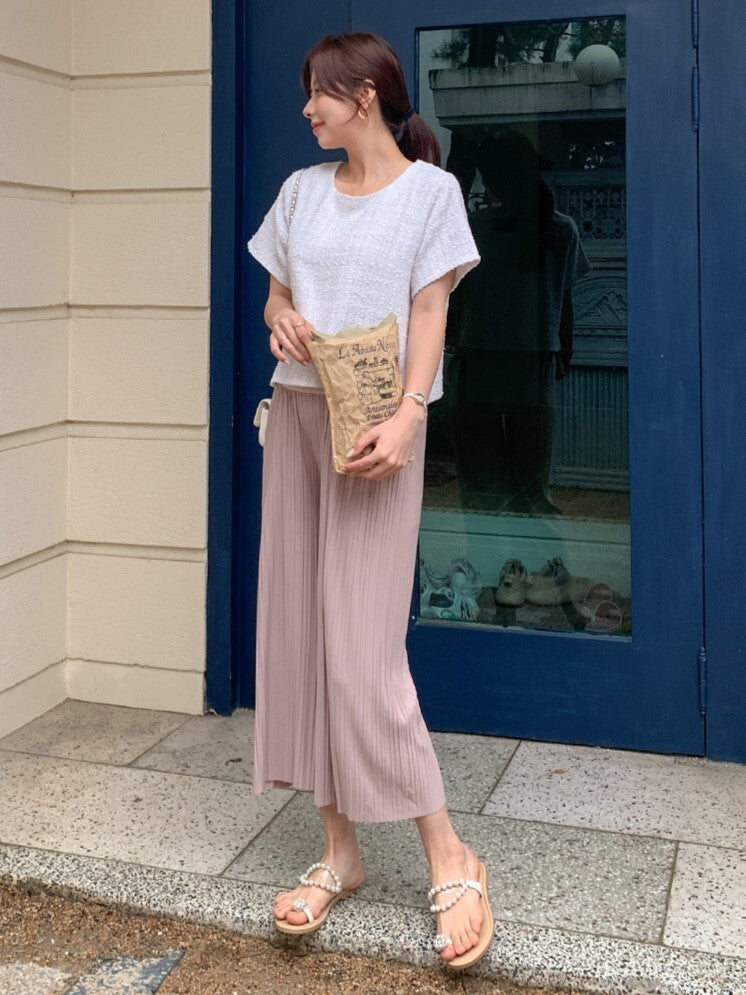 Solid Pleated Stretched Wide-Leg Pants