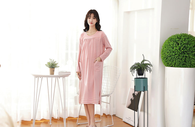 Japanese-Style Striped Nursing Long Dress