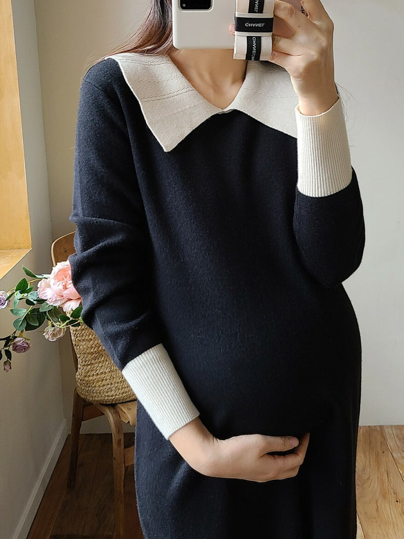 Color Block Lapel Pleated Hem Knitted Dress