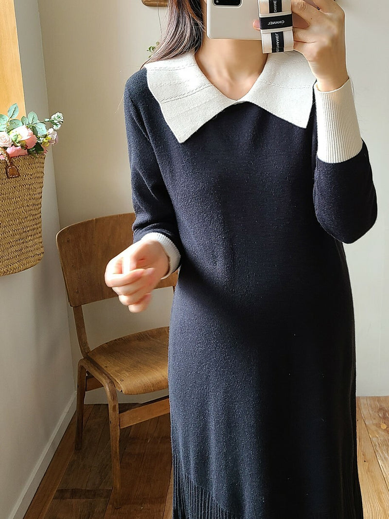 Color Block Lapel Pleated Hem Knitted Dress