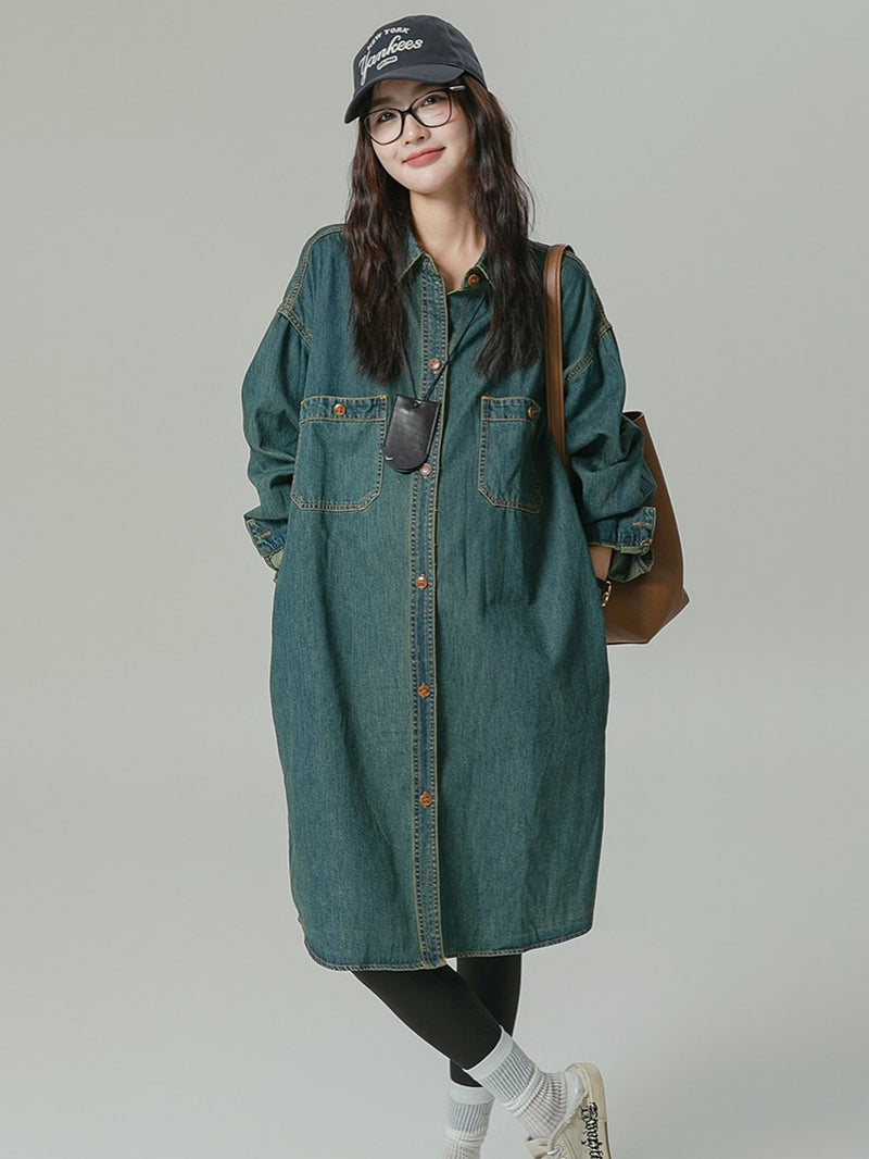 Lapel Oversized Long-Sleeved Denim Dress