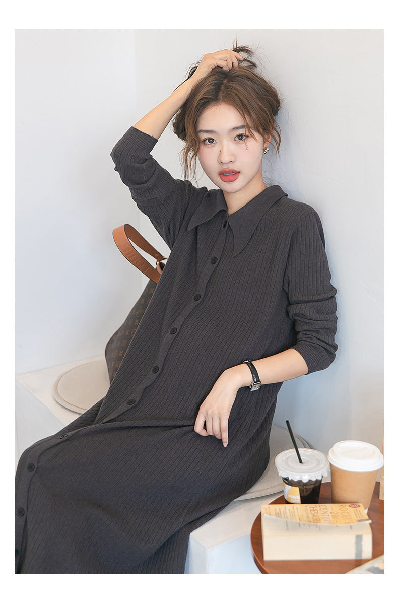 Lapel Ribbed Knit Dress