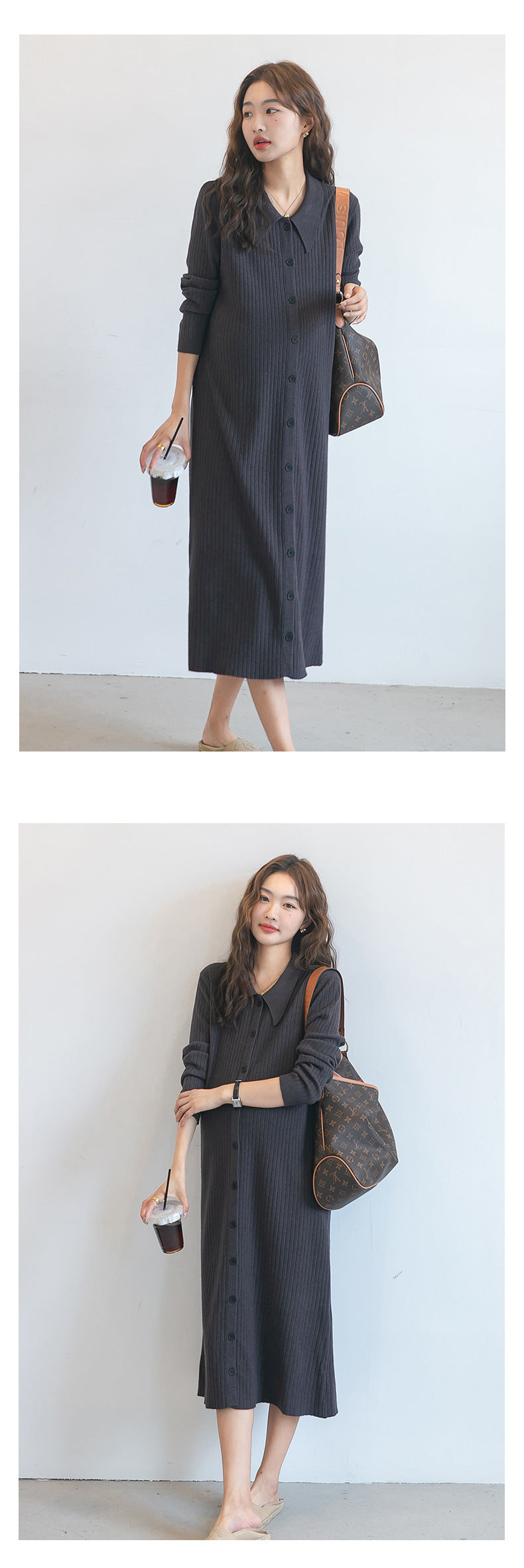 Lapel Ribbed Knit Dress