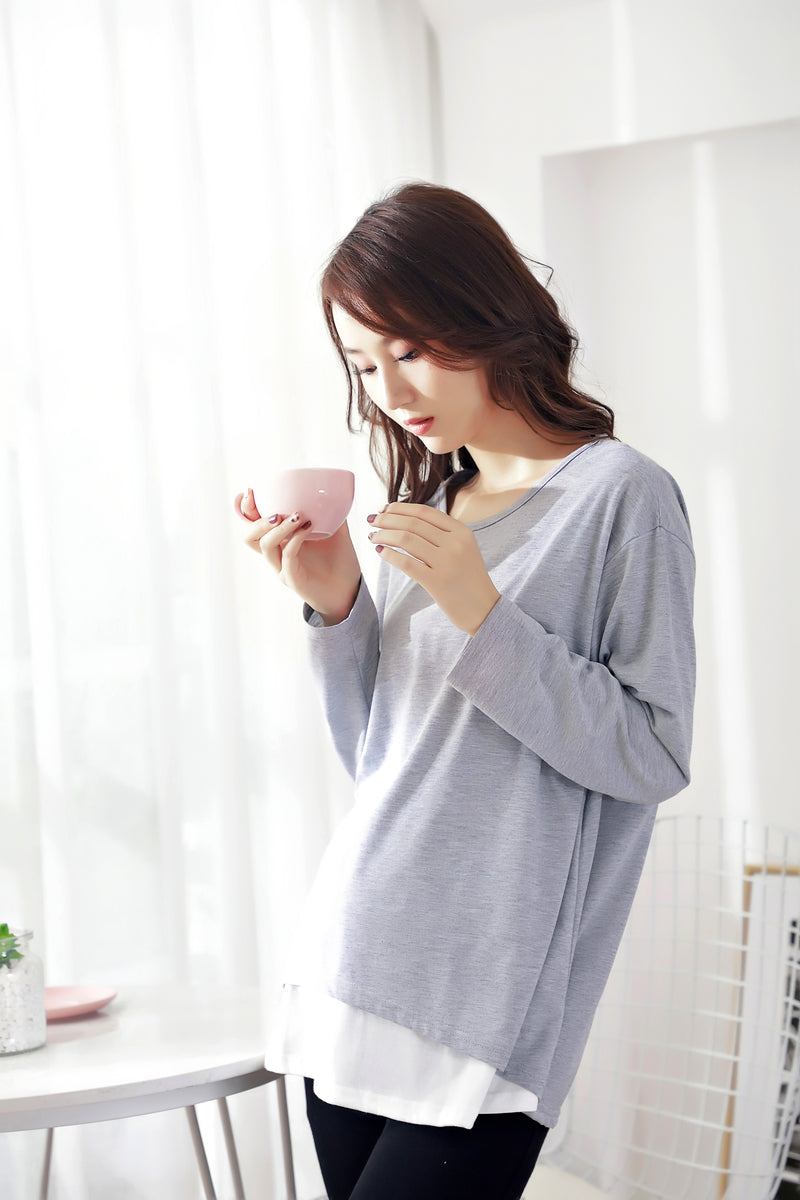 棉質百搭配色長袖哺乳上衣