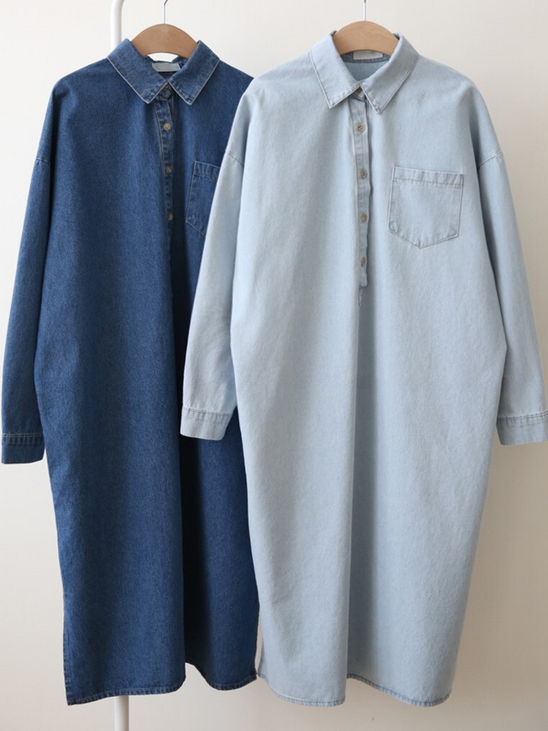 Lapel Oversized Long-Sleeved Denim Dress