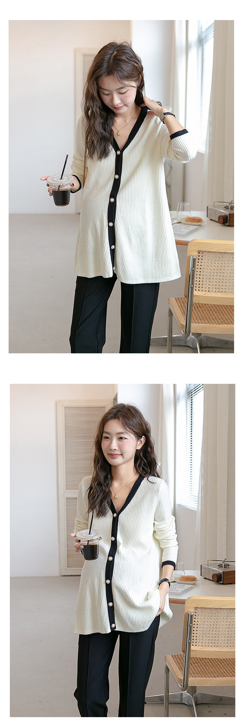 V-Neck Color Matching Ribbed Knit Coat