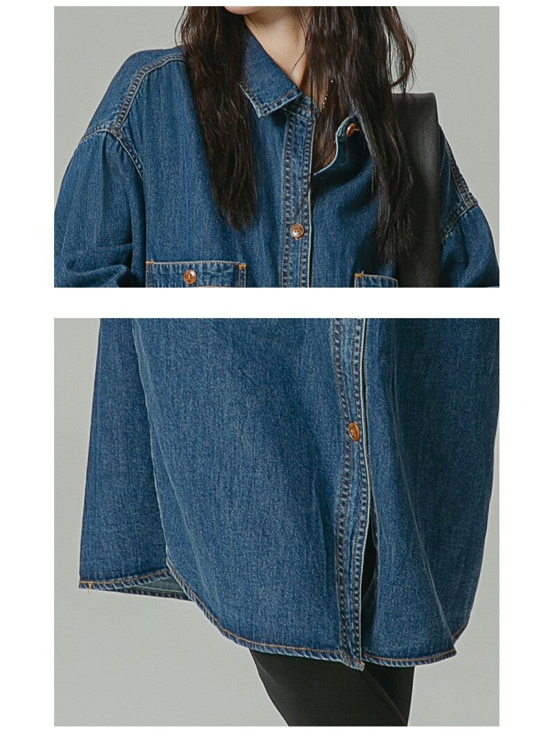 Lapel Oversized Long-Sleeved Denim Dress