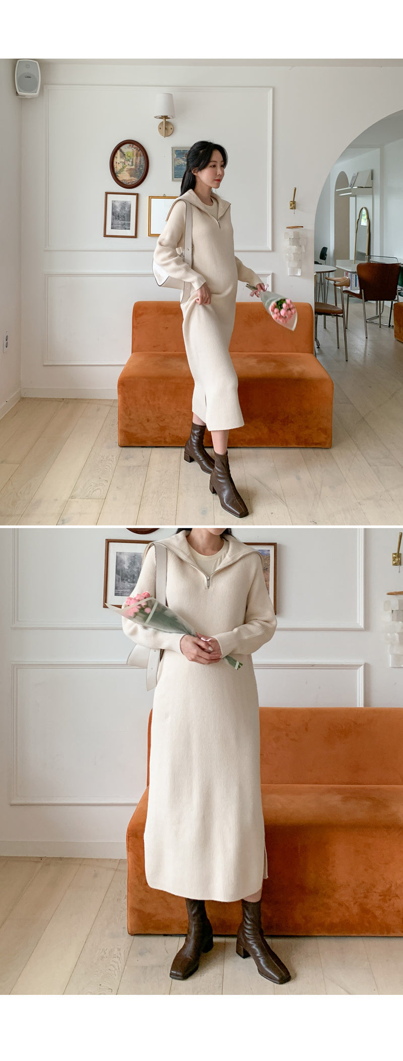 Thick Knitted Ribbing Zip Up Dress