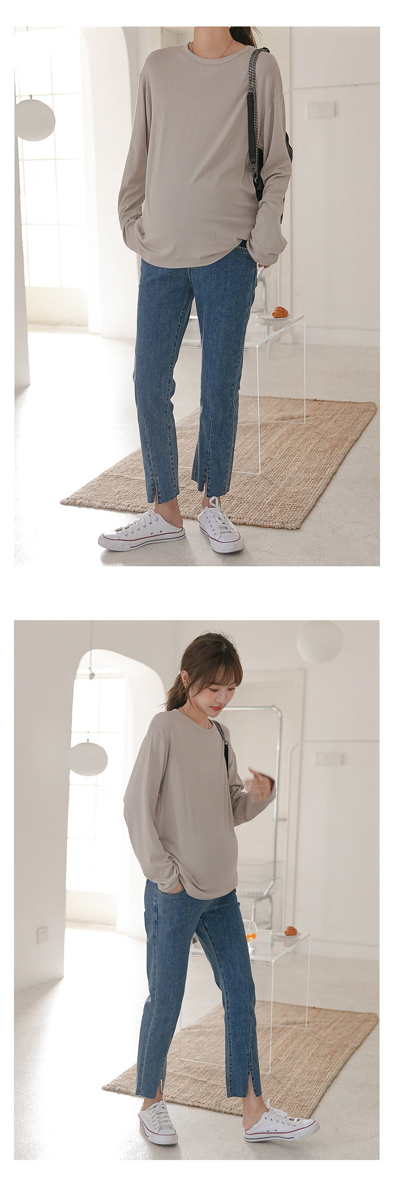Split Hem Denim Jeans with Adjustable Waistband
