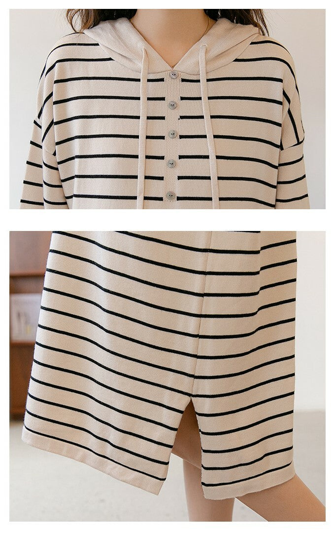 Hooded Knit Striped Midi Dress
