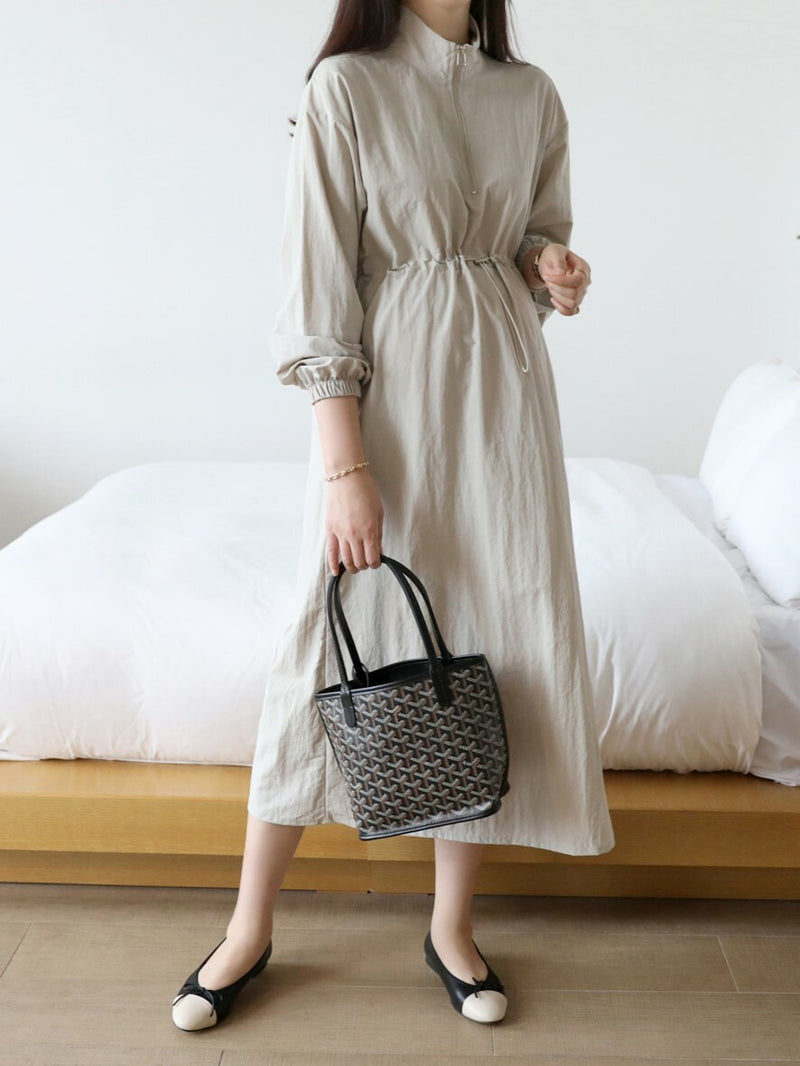 Simple Plain Color Drawstring Zip Up Dress