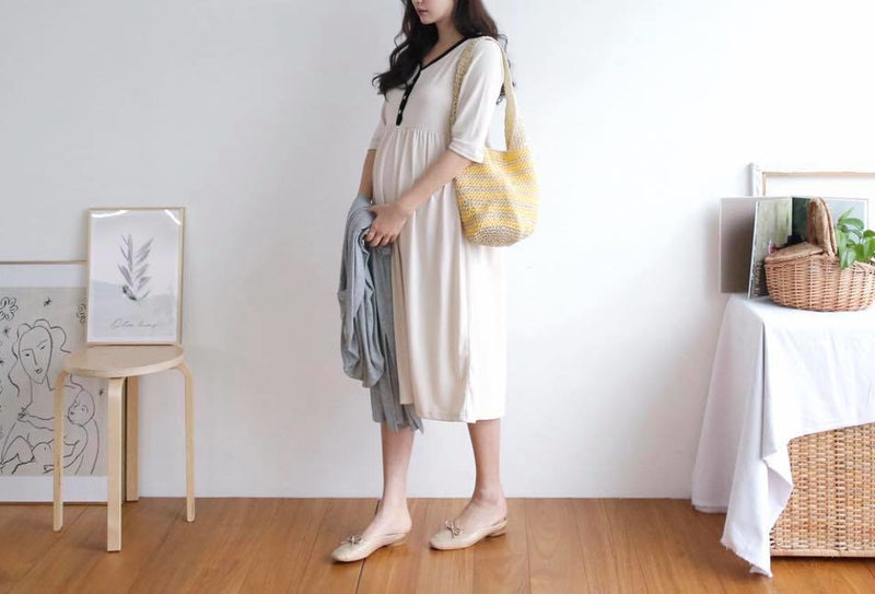 Soft Cotton Color Matching Buttoned Nursing Dress