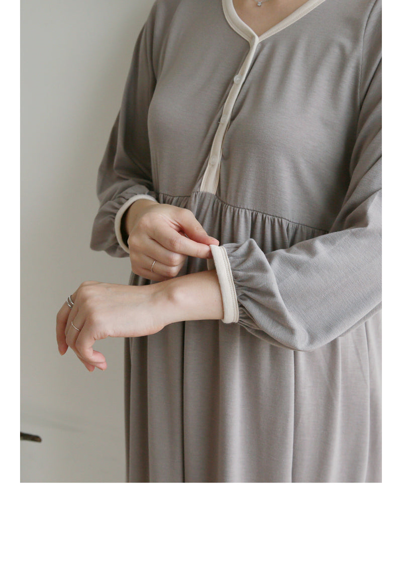 柔棉配色鈕扣哺乳長裙