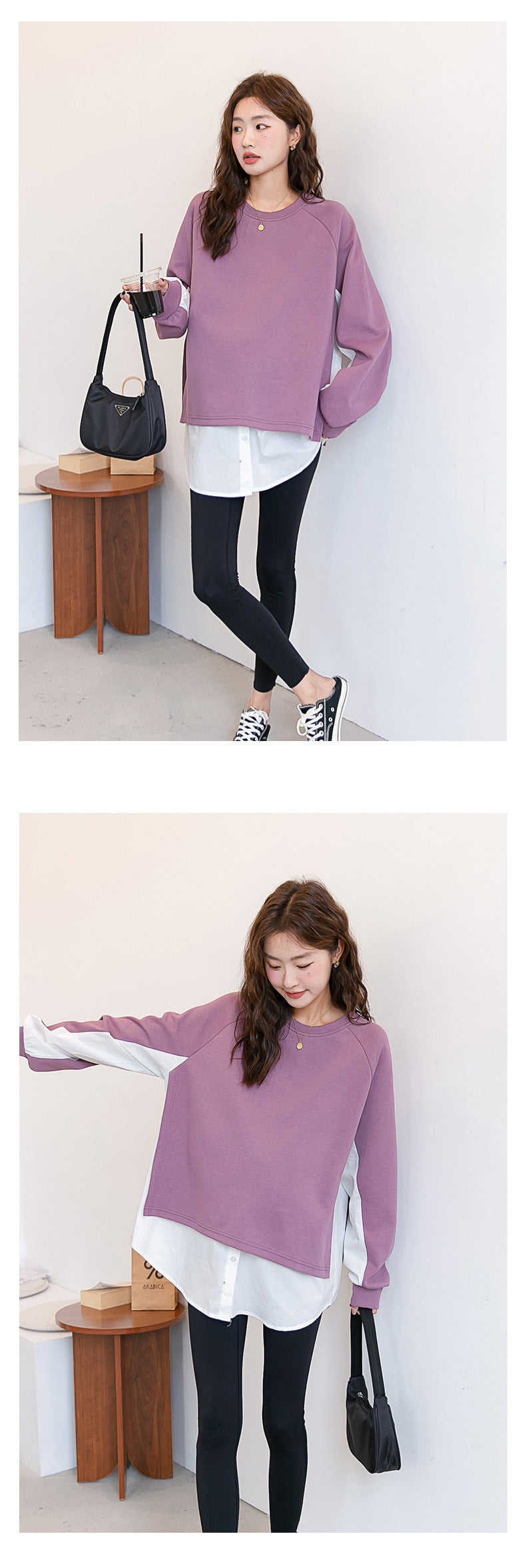 Layered-Look Loose Shoulder Slope Drop Sweatshirt