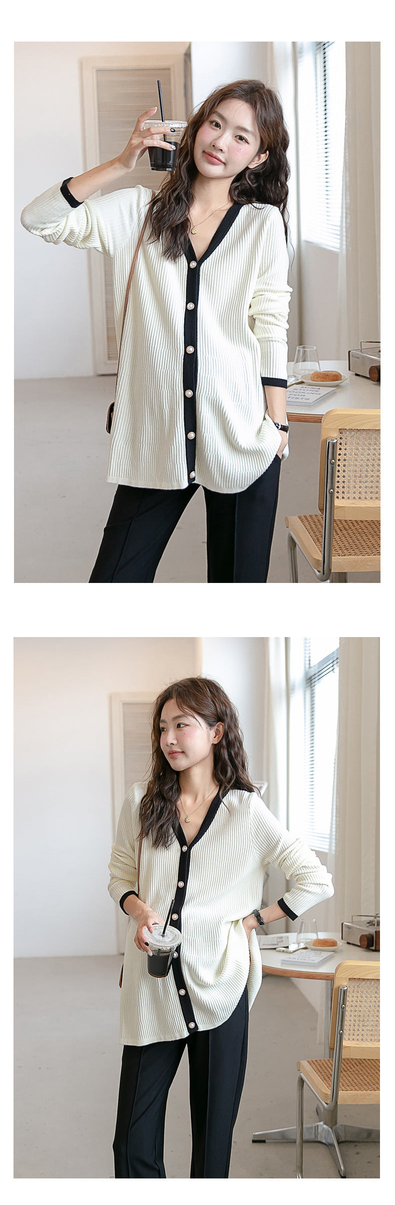 V-Neck Color Matching Ribbed Knit Coat