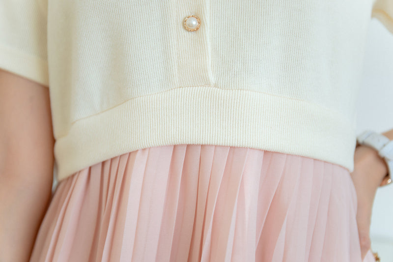 Elegant Pleated Pearl Button Dress