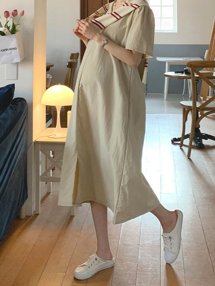 簡約淨色V領連身裙