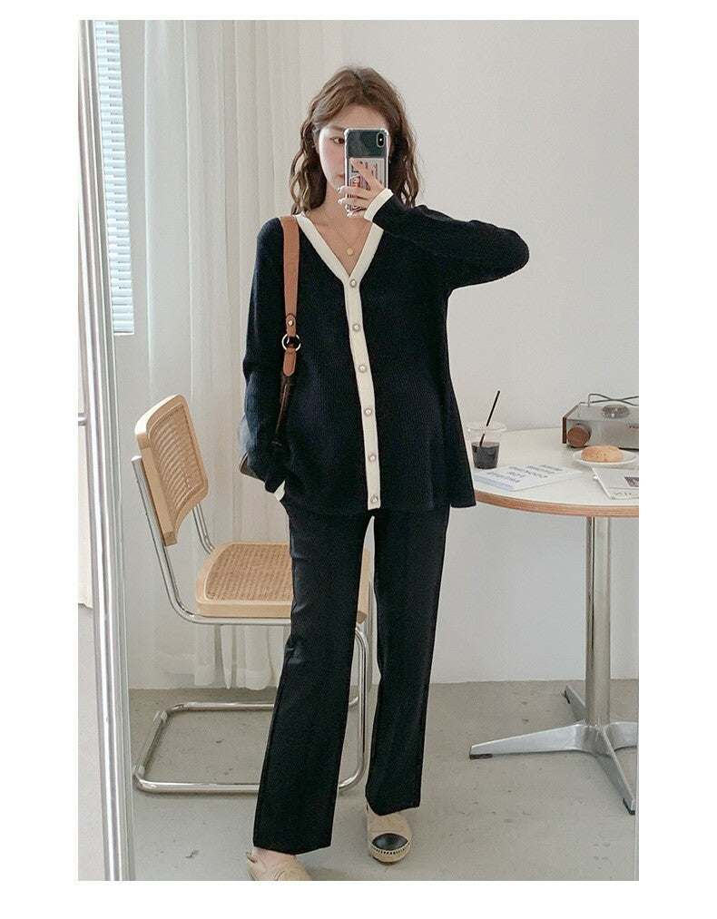 V-Neck Color Matching Ribbed Knit Coat