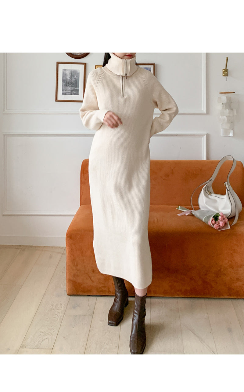 Thick Knitted Ribbing Zip Up Dress