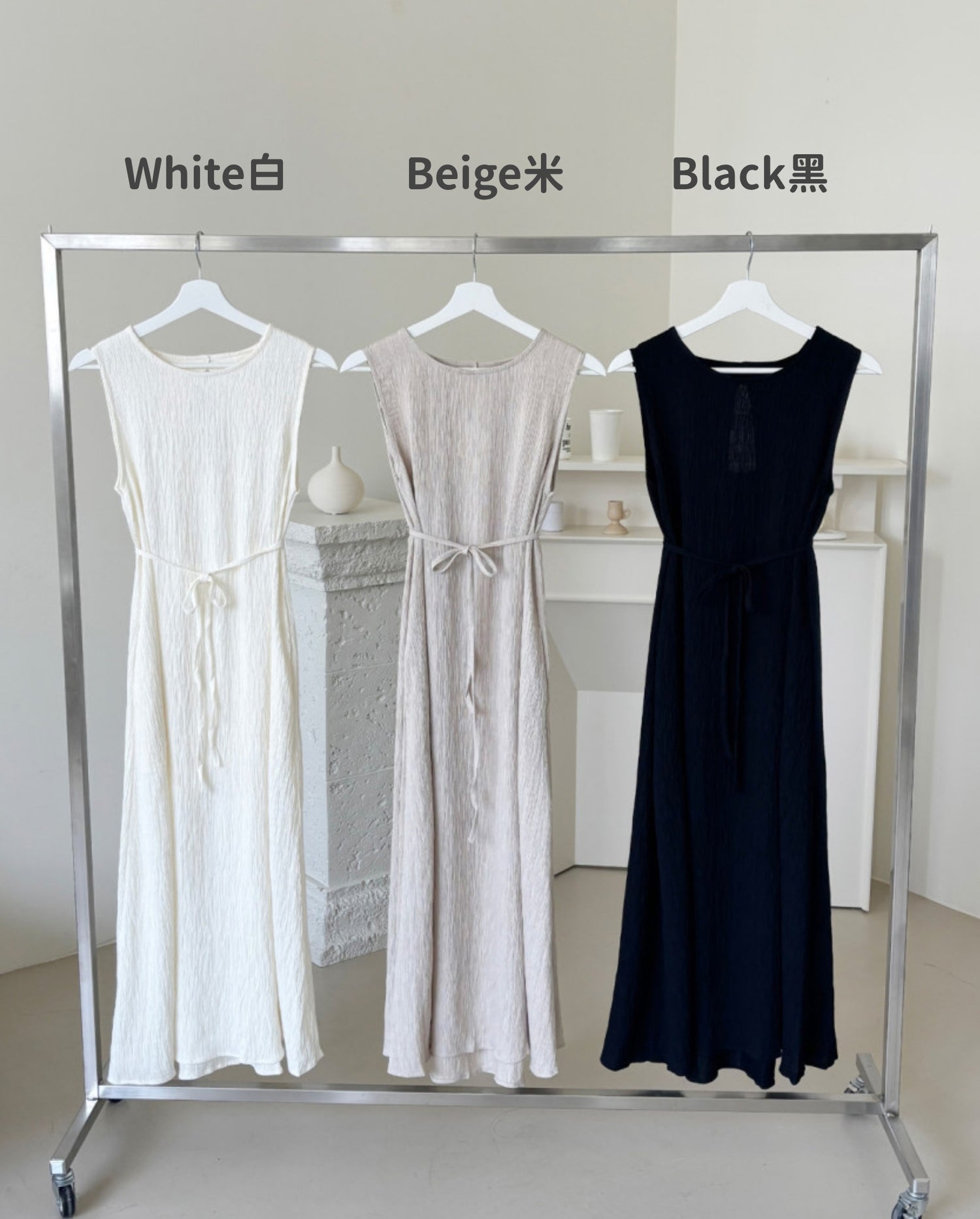 Pleated Sleeveless Dress with Waist Belt