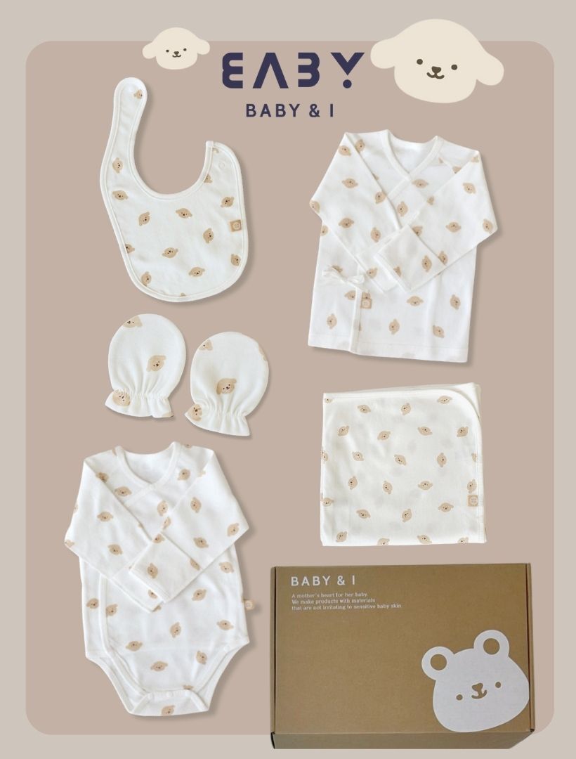 MMBP009 Baby&I 初生禮物套裝-小狗 (口水肩, 和尚袍, 夾衣, 包被, 手套)